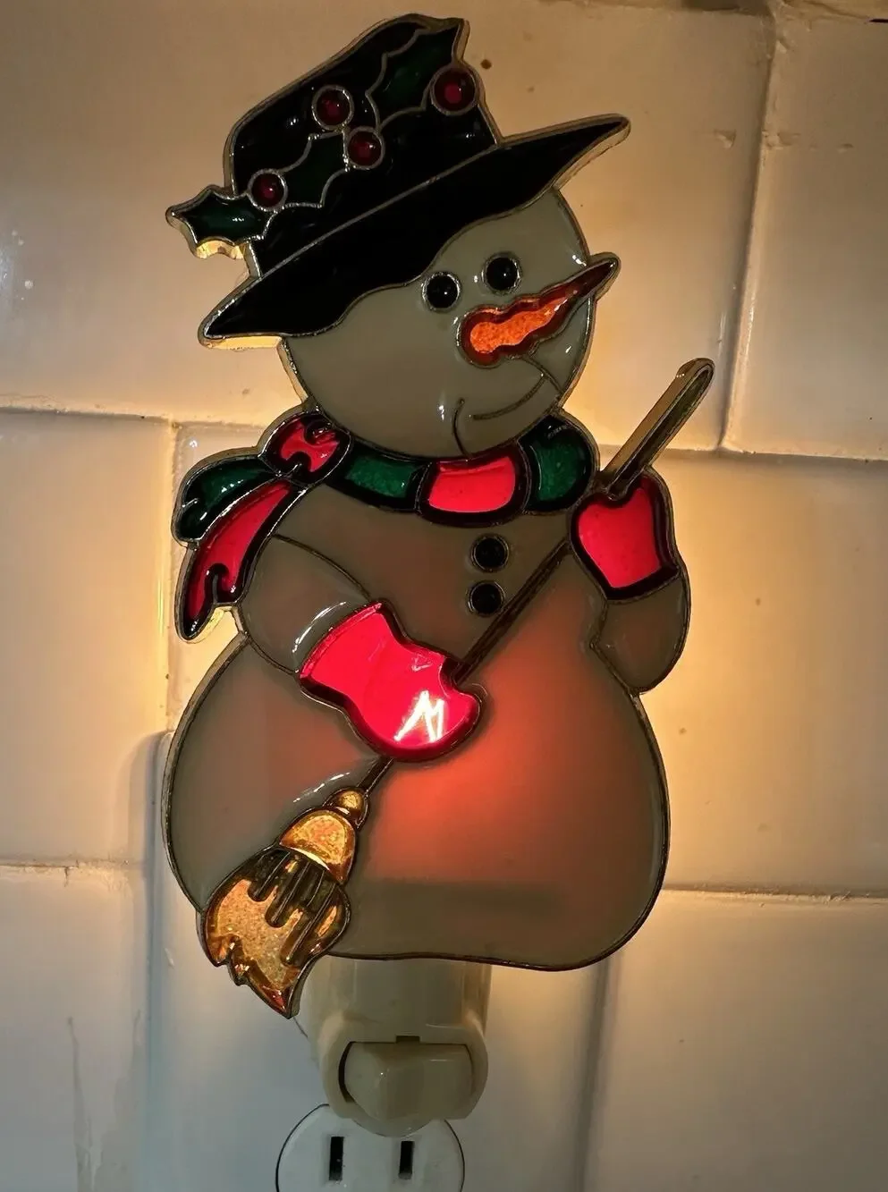 Vtg Night Light Christmas Snowman Stained Glass Like Flip Switch 5” Holiday